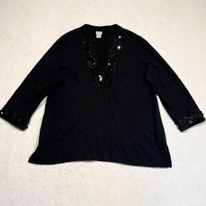 Chico's Top Blouse Sequin V-Neck Knit 3/4 Sleeve Black Split Hem Size 2 US Large
